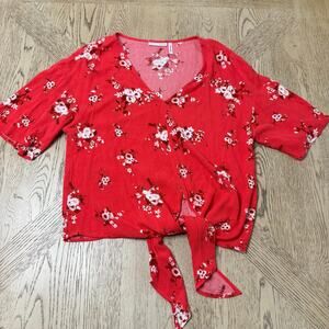 LUQ Women’s Large Red Floral Tie Front‎ Top Blouse